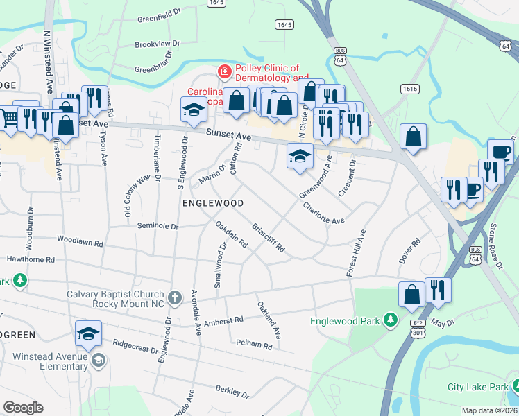 map of restaurants, bars, coffee shops, grocery stores, and more near 321 Clifton Road in Rocky Mount