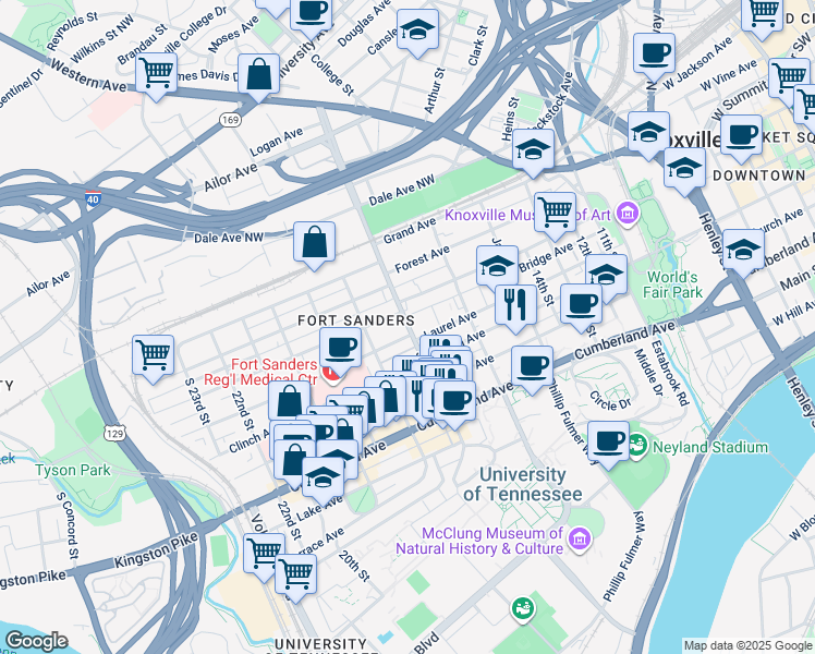 map of restaurants, bars, coffee shops, grocery stores, and more near 316 North 17th Street in Knoxville