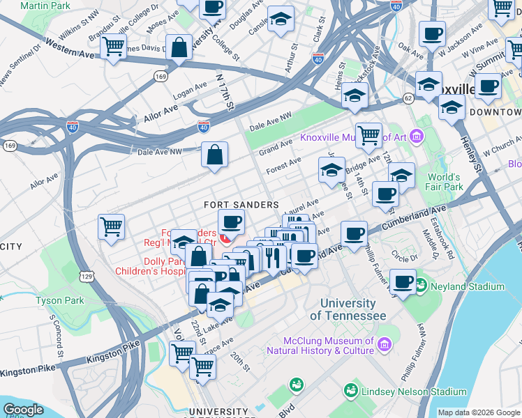 map of restaurants, bars, coffee shops, grocery stores, and more near in Knoxville