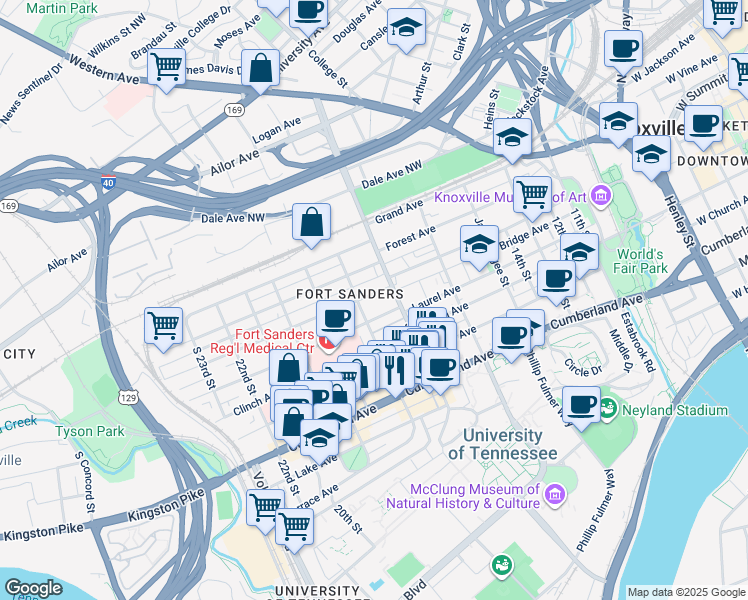 map of restaurants, bars, coffee shops, grocery stores, and more near in Knoxville