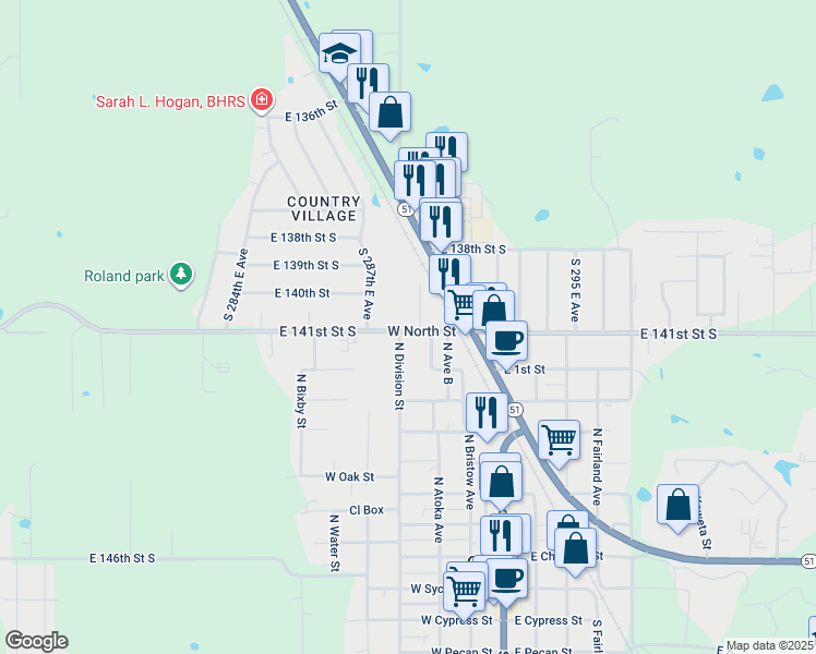 map of restaurants, bars, coffee shops, grocery stores, and more near 28877 East 141st Street South in Coweta