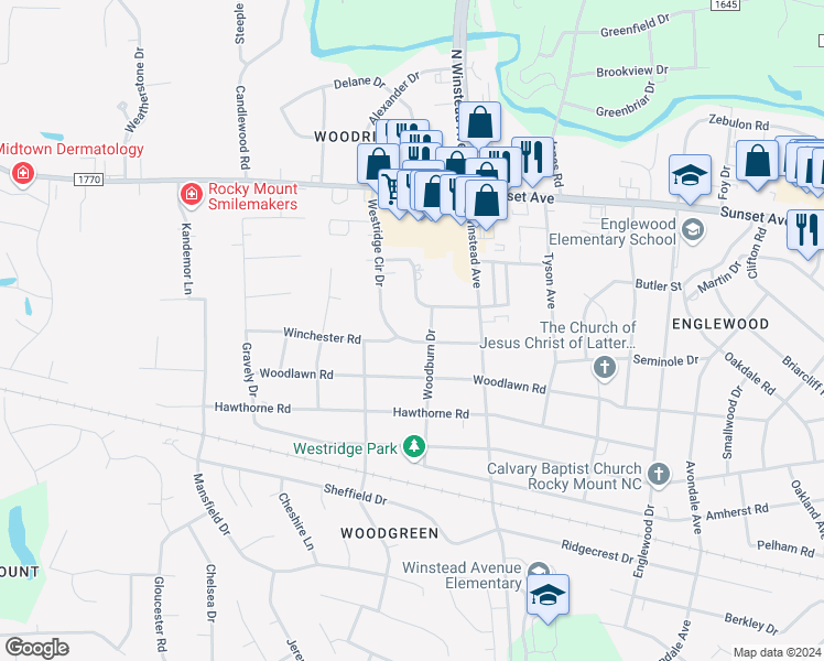 map of restaurants, bars, coffee shops, grocery stores, and more near 3604 Westridge Circle Drive in Rocky Mount