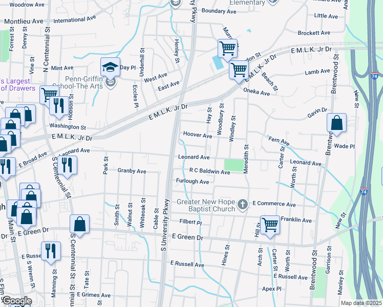 map of restaurants, bars, coffee shops, grocery stores, and more near 1213 Leonard Avenue in High Point