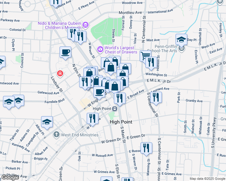map of restaurants, bars, coffee shops, grocery stores, and more near 212 North Main Street in High Point