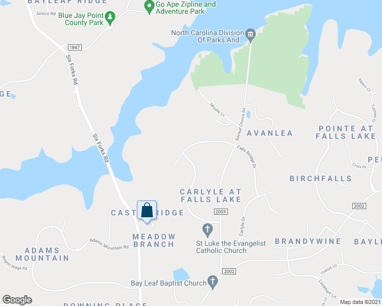 map of restaurants, bars, coffee shops, grocery stores, and more near 1020 Falls Bridge Drive in Raleigh