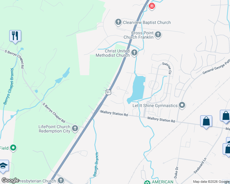 map of restaurants, bars, coffee shops, grocery stores, and more near 472 Franklin Road in Franklin