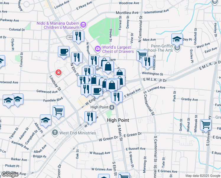 map of restaurants, bars, coffee shops, grocery stores, and more near North Main Street in High Point
