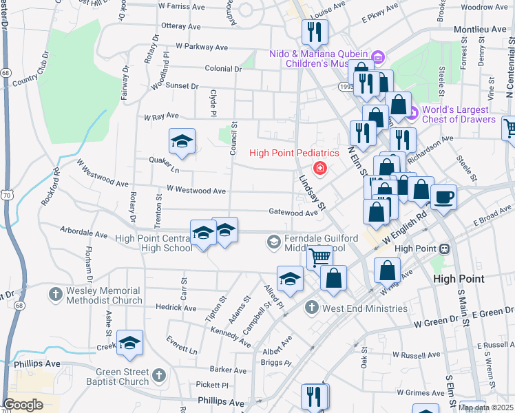 map of restaurants, bars, coffee shops, grocery stores, and more near 520 Gatewood Avenue in High Point