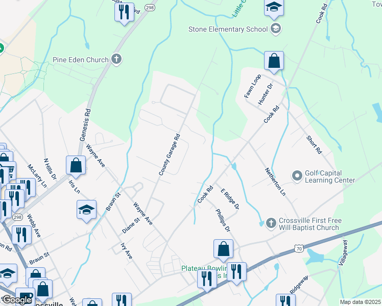 map of restaurants, bars, coffee shops, grocery stores, and more near 196 Rusty Blue Drive in Crossville