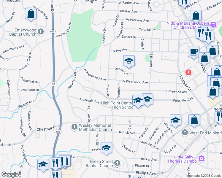 map of restaurants, bars, coffee shops, grocery stores, and more near 912 Rotary Drive in High Point