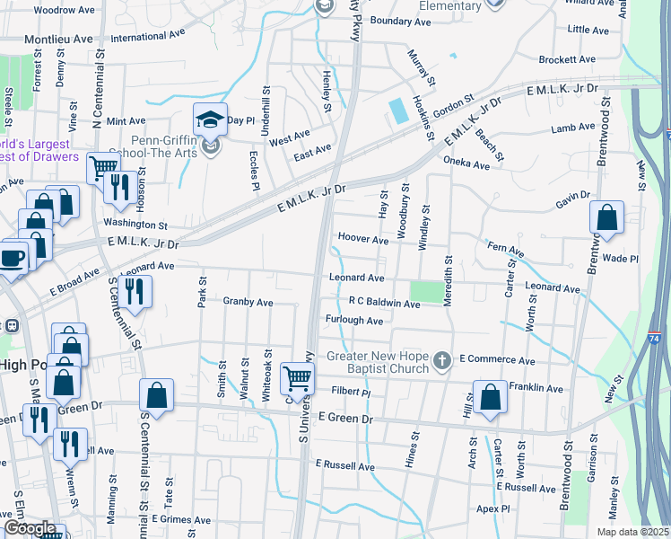 map of restaurants, bars, coffee shops, grocery stores, and more near 1203 Leonard Avenue in High Point