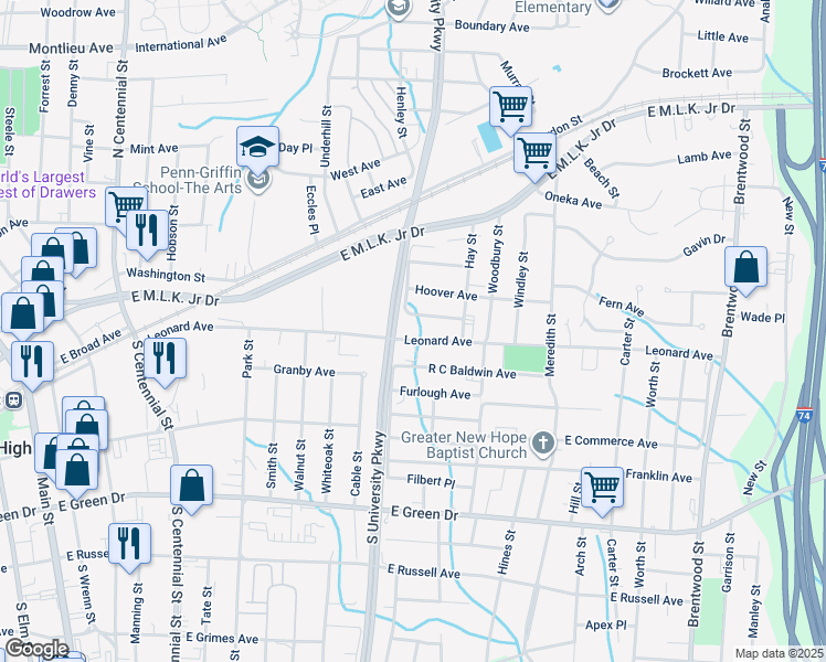 map of restaurants, bars, coffee shops, grocery stores, and more near 1203 Leonard Avenue in High Point
