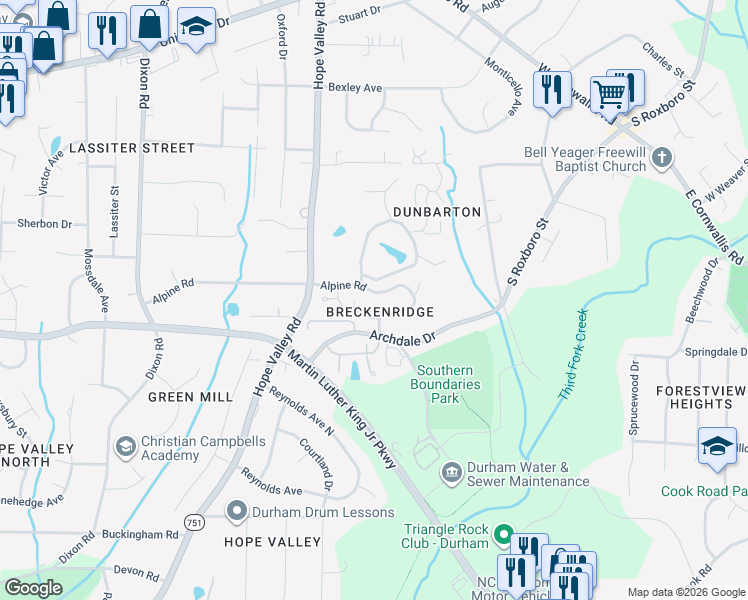 map of restaurants, bars, coffee shops, grocery stores, and more near 2231 Alpine Road in Durham