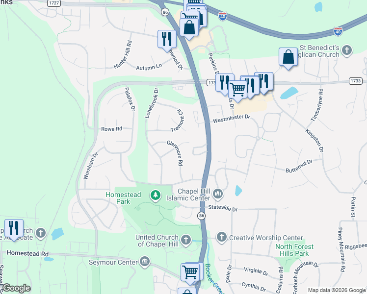 map of restaurants, bars, coffee shops, grocery stores, and more near 18 Rigsbee Mobile Home Park in Chapel Hill