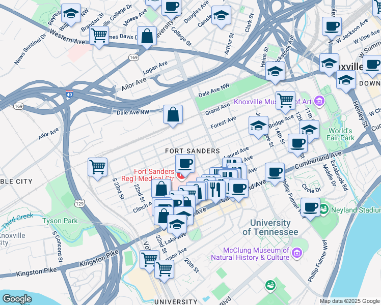 map of restaurants, bars, coffee shops, grocery stores, and more near in Knoxville
