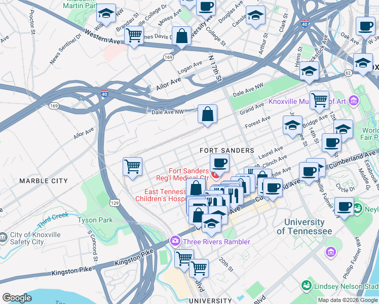 map of restaurants, bars, coffee shops, grocery stores, and more near 1915 Forest Avenue in Knoxville