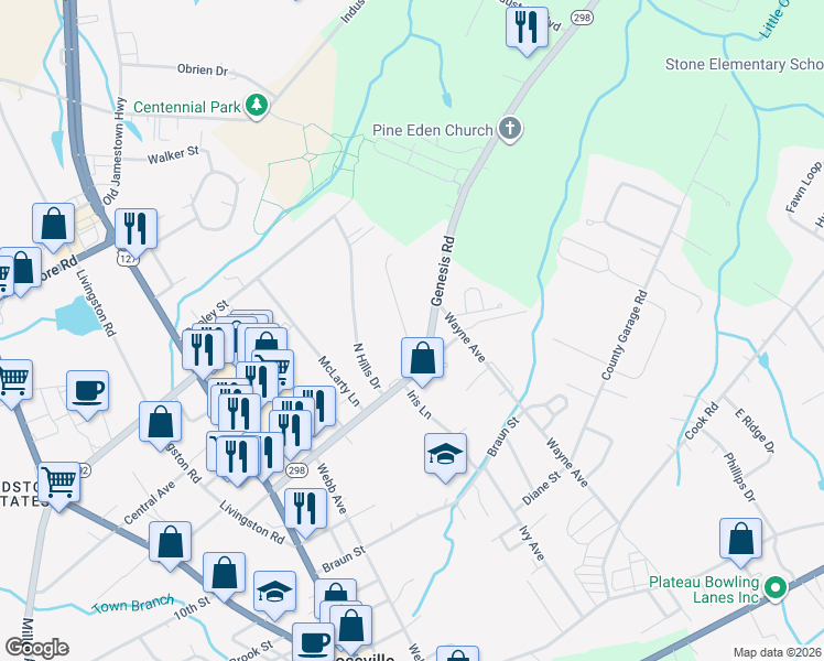 map of restaurants, bars, coffee shops, grocery stores, and more near 80 Stone Drive in Crossville