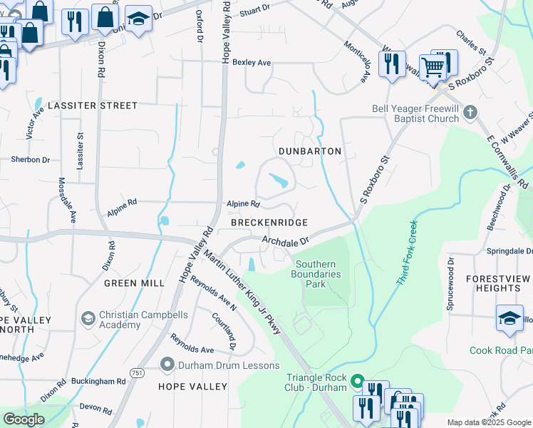 map of restaurants, bars, coffee shops, grocery stores, and more near 2231 Alpine Road in Durham