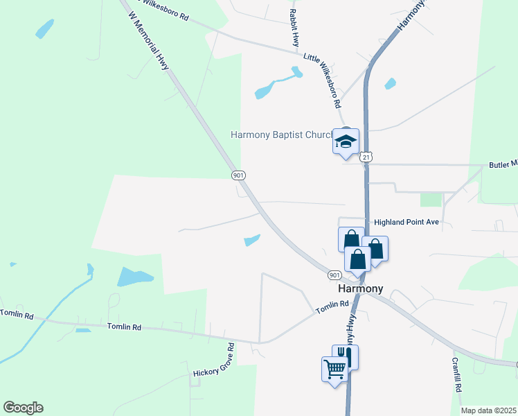 map of restaurants, bars, coffee shops, grocery stores, and more near North Carolina 901 in Harmony