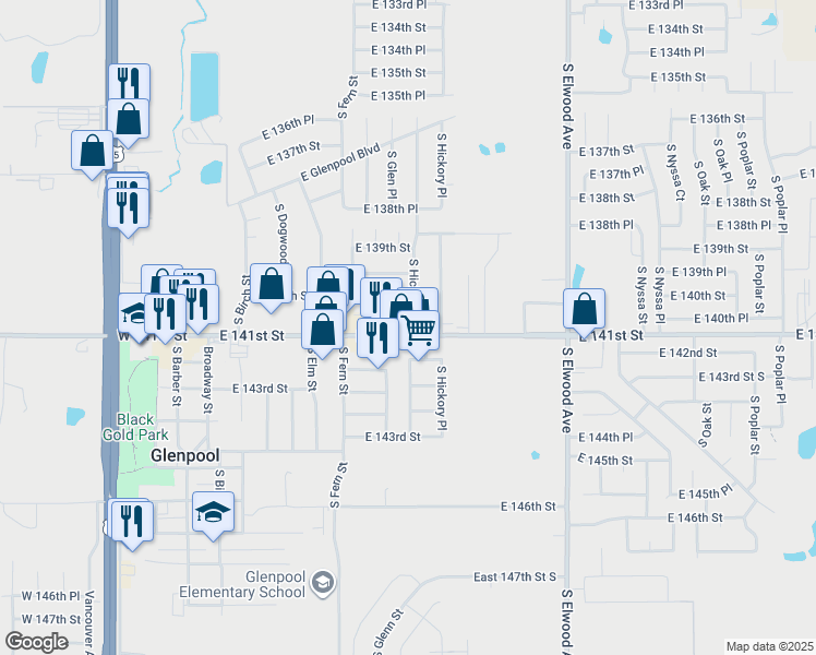 map of restaurants, bars, coffee shops, grocery stores, and more near 14090 South Hickory Street in Glenpool