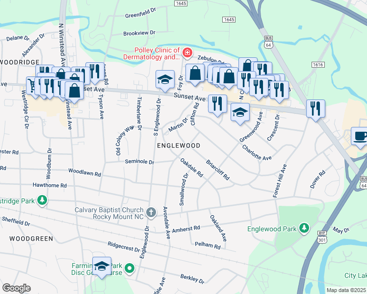 map of restaurants, bars, coffee shops, grocery stores, and more near 401 Briarcliff Road in Rocky Mount