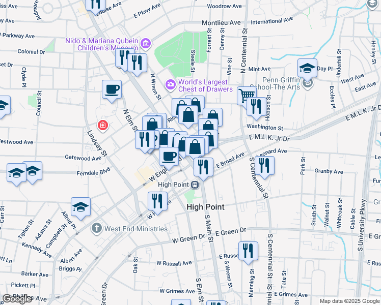 map of restaurants, bars, coffee shops, grocery stores, and more near 212 North Main Street in High Point