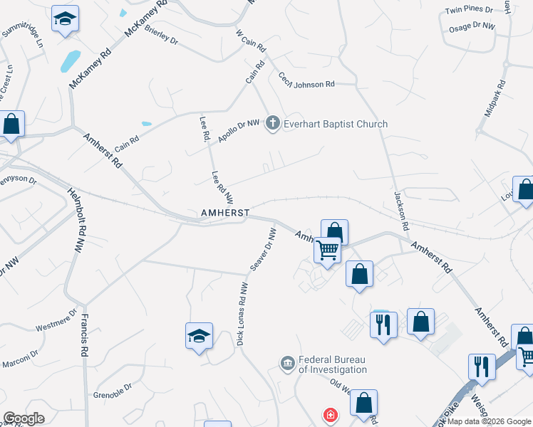 map of restaurants, bars, coffee shops, grocery stores, and more near 1908 Amherst Road in Knoxville