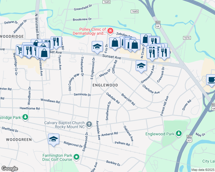 map of restaurants, bars, coffee shops, grocery stores, and more near 401 Briarcliff Road in Rocky Mount