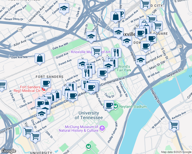 map of restaurants, bars, coffee shops, grocery stores, and more near 1401 White Avenue in Knoxville