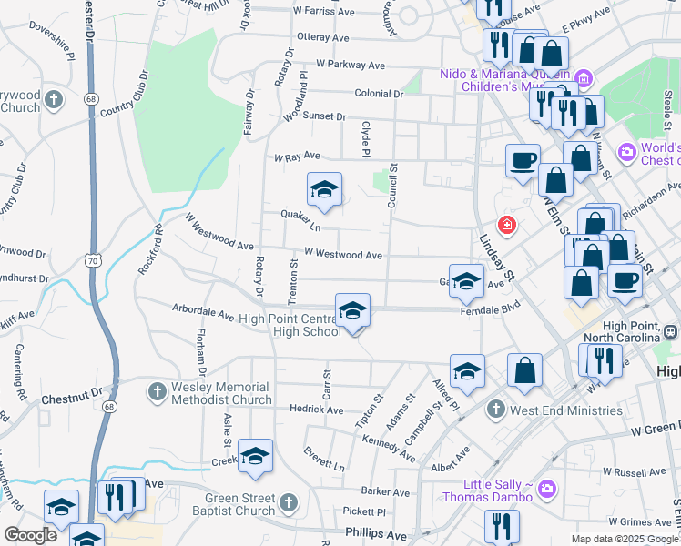 map of restaurants, bars, coffee shops, grocery stores, and more near 620 Gatewood Avenue in High Point