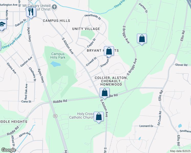 map of restaurants, bars, coffee shops, grocery stores, and more near 1706 Chenault Drive in Durham