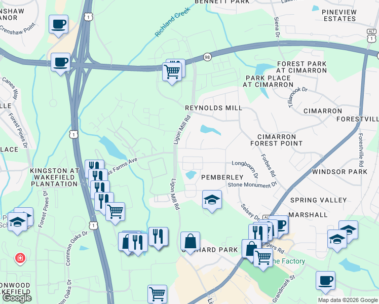 map of restaurants, bars, coffee shops, grocery stores, and more near 657 Millers Mark Avenue in Wake Forest