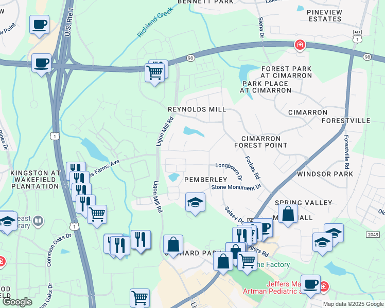 map of restaurants, bars, coffee shops, grocery stores, and more near 625 Millers Mark Avenue in Wake Forest