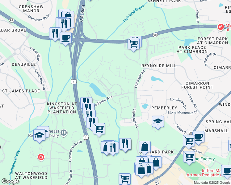 map of restaurants, bars, coffee shops, grocery stores, and more near 1760 Pasture Walk Drive in Wake Forest