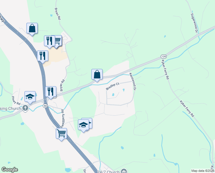 map of restaurants, bars, coffee shops, grocery stores, and more near 1036 Bradley Court in Kodak