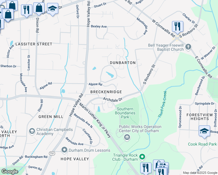 map of restaurants, bars, coffee shops, grocery stores, and more near 2217 Alpine Road in Durham