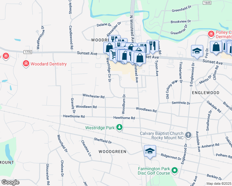 map of restaurants, bars, coffee shops, grocery stores, and more near 3608 Westridge Circle Drive in Rocky Mount