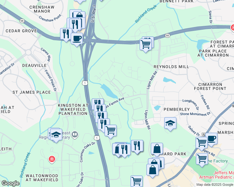 map of restaurants, bars, coffee shops, grocery stores, and more near 1712 Pasture Walk Drive in Wake Forest