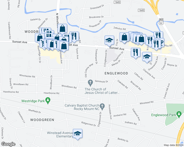 map of restaurants, bars, coffee shops, grocery stores, and more near 117 Salem Court in Rocky Mount