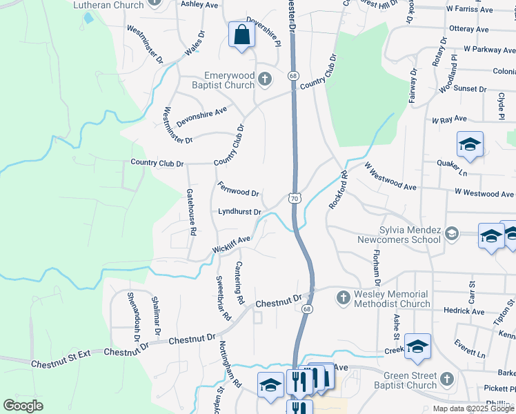 map of restaurants, bars, coffee shops, grocery stores, and more near 1103 Brookwood Drive in High Point