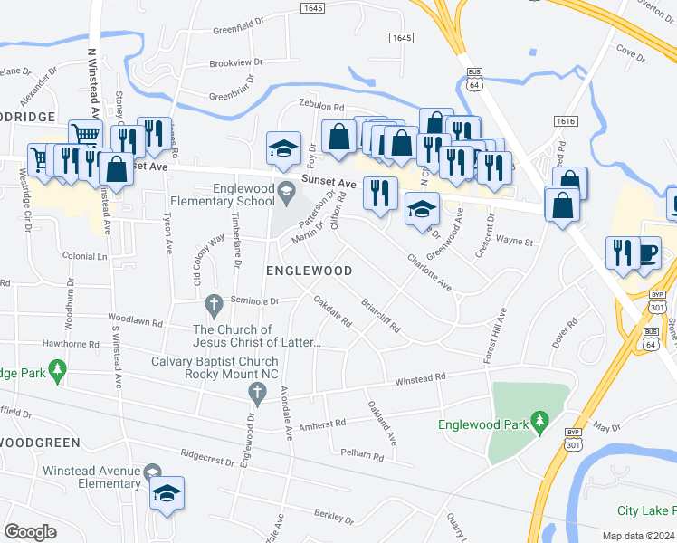 map of restaurants, bars, coffee shops, grocery stores, and more near 340 Briarcliff Road in Rocky Mount