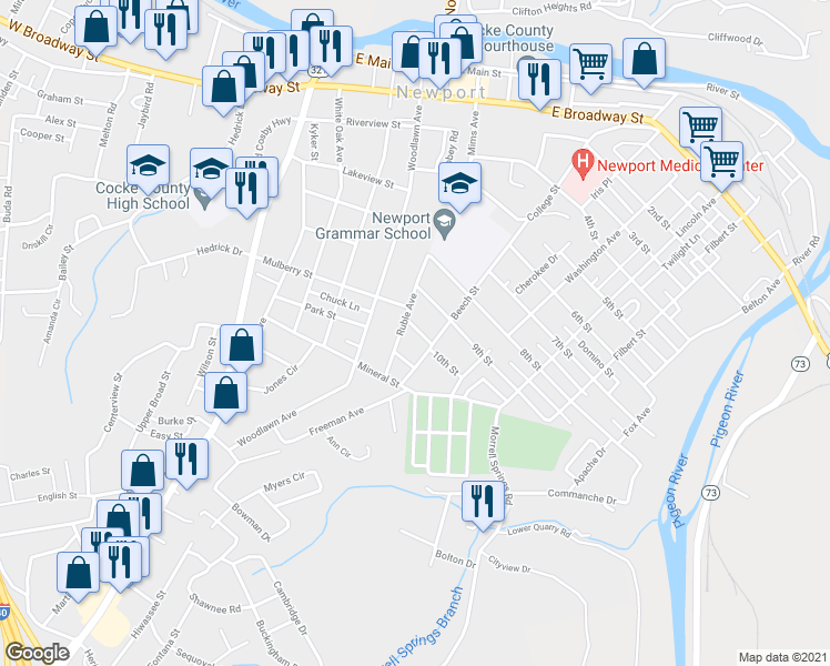 map of restaurants, bars, coffee shops, grocery stores, and more near 307 10th St in Newport