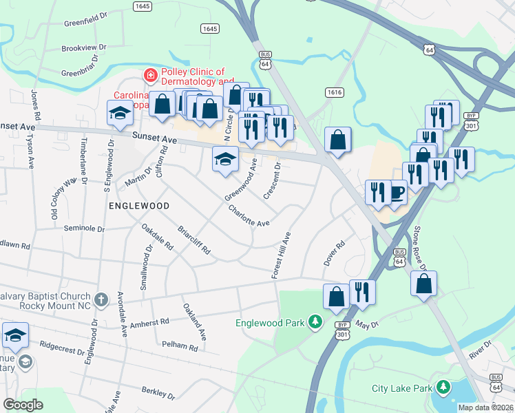map of restaurants, bars, coffee shops, grocery stores, and more near 119 South Circle Drive in Rocky Mount