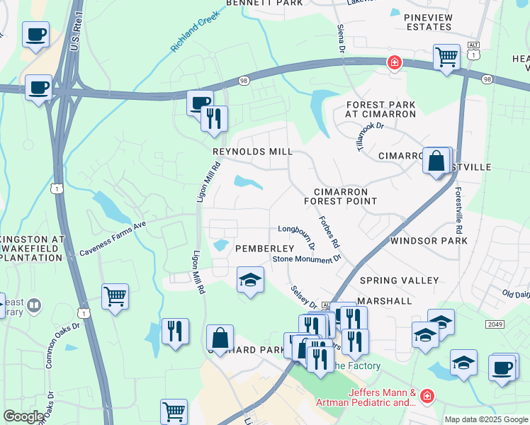 map of restaurants, bars, coffee shops, grocery stores, and more near 1601 Grace Church Street in Wake Forest