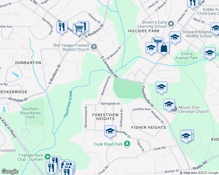 map of restaurants, bars, coffee shops, grocery stores, and more near 2811 Beechwood Drive in Durham