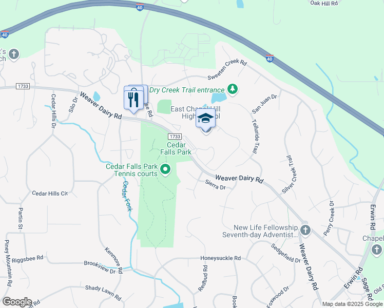 map of restaurants, bars, coffee shops, grocery stores, and more near 212 Sierra Drive in Chapel Hill