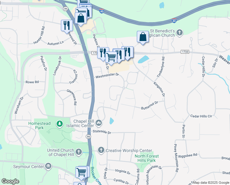 map of restaurants, bars, coffee shops, grocery stores, and more near 828 Saluda Court in Chapel Hill