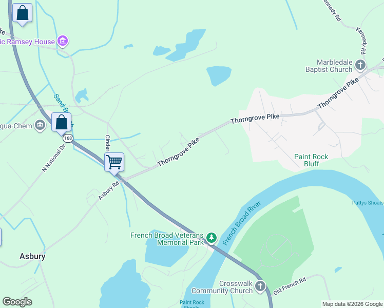 map of restaurants, bars, coffee shops, grocery stores, and more near 5636 Thorngrove Pike in Knoxville
