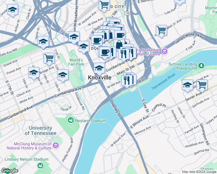 map of restaurants, bars, coffee shops, grocery stores, and more near 608w West Hill Avenue in Knoxville