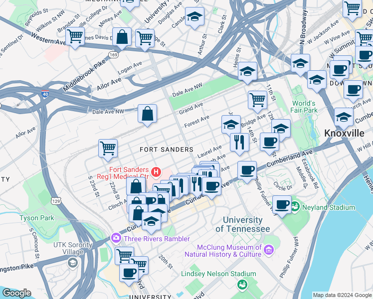 map of restaurants, bars, coffee shops, grocery stores, and more near 316 North 17th Street in Knoxville